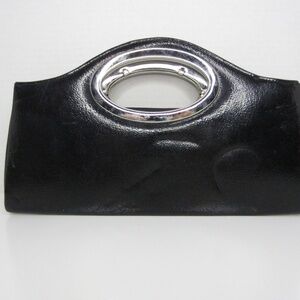 High Fashion Black Patent Leather Silver Handle Zipper Close Clutch